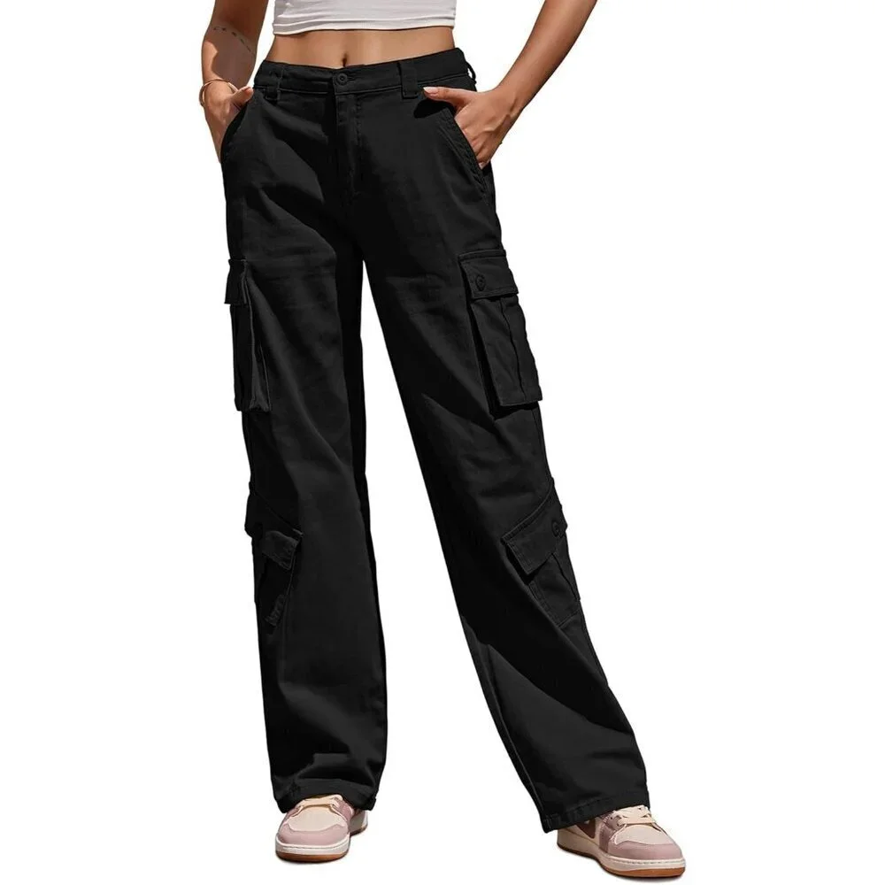 Women High Waisted Cargo Pants Cotton Blend 8 Pockets Casual Military
